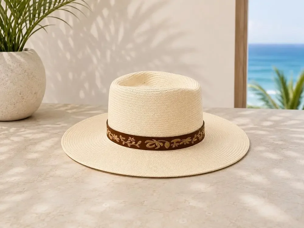 Wyeth Remy Straw Fedora in Cream with Floral / Hawaiian embroidered band